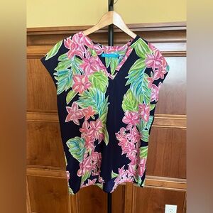 Tori Richard Blouse Sleeveless with Hawaiian Garden Print Navy Pink Size M